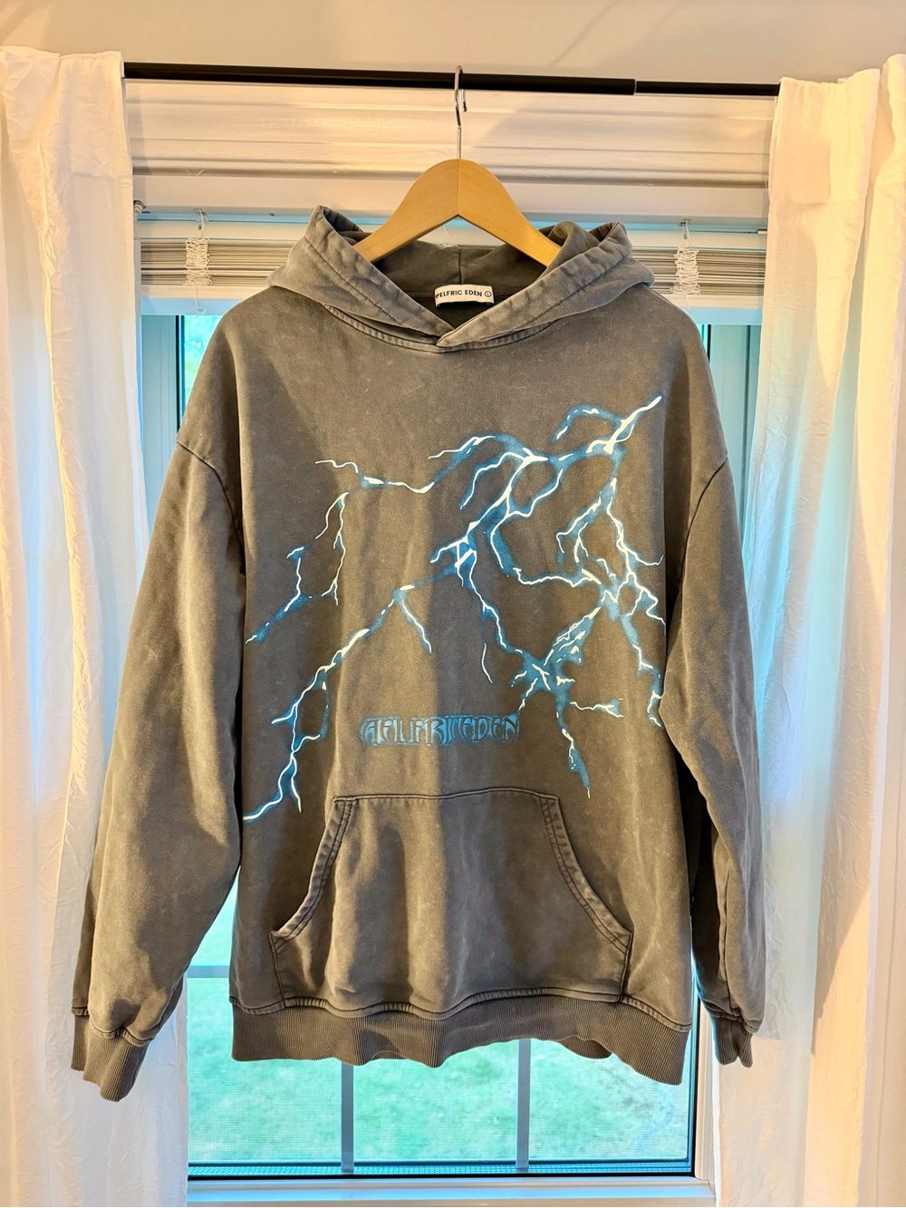 Aelfric Eden Gray Hoodie with Electric Blue Lightning Print